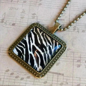 Zebra Animal Print Black & White Square Antiqued Brass Glass 27" Long Necklace
